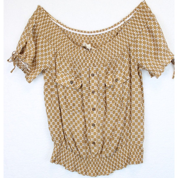 Sweet Wanderer Off Shoulder Top Floral Tan Short Slit Sleeve Women L Boho Chic - Picture 10 of 13